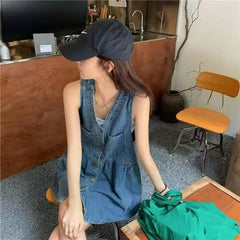 Sleeveless Strap Dress Women Summer Single-Breasted Pockets
