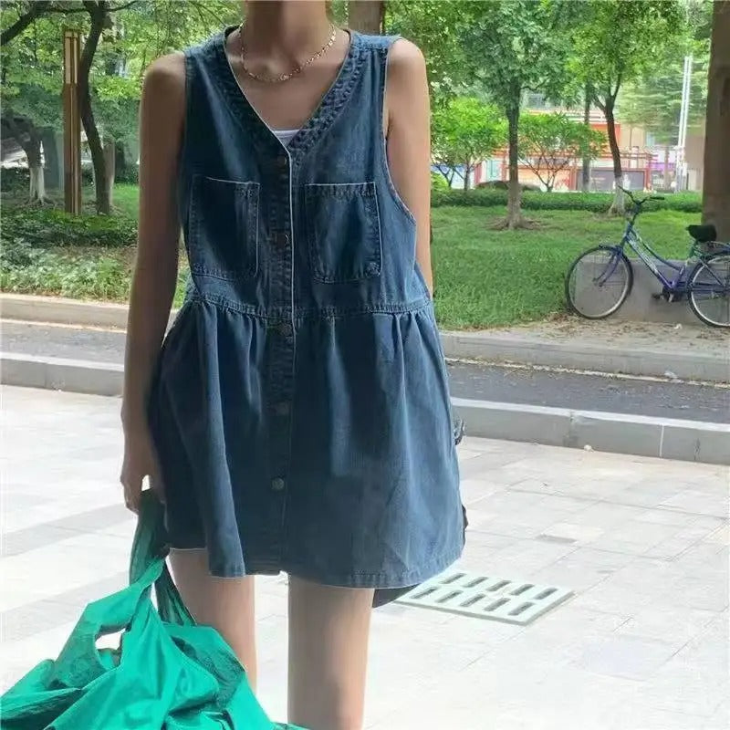 Sleeveless Strap Dress Women Summer Single-Breasted Pockets