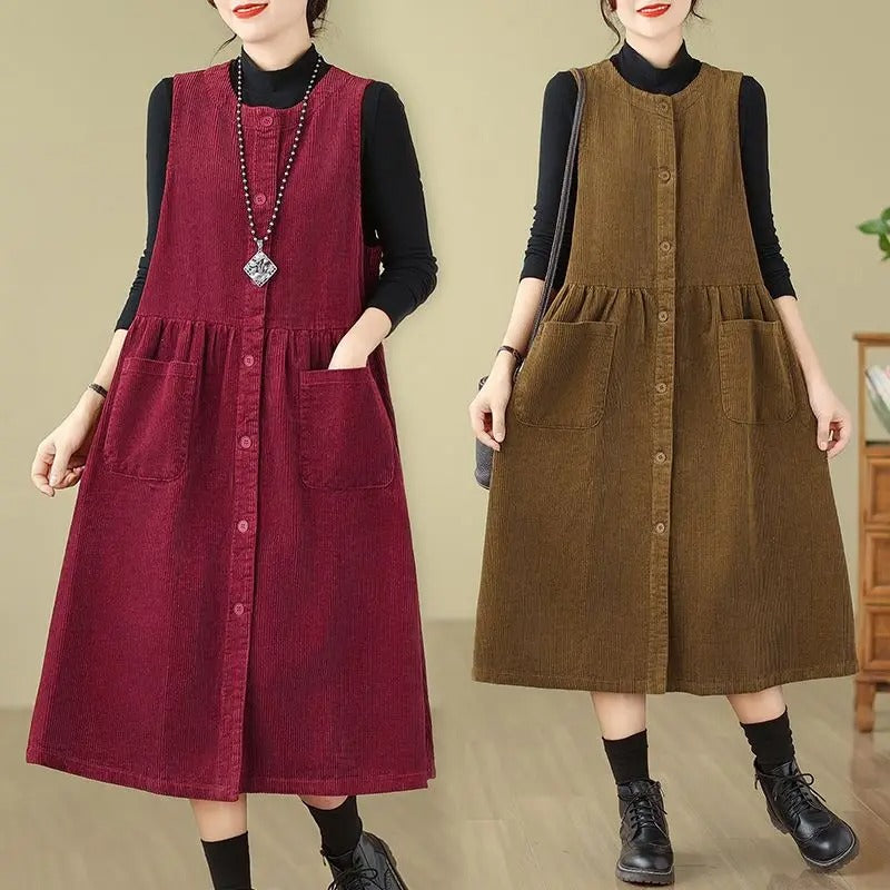 Retro Washed Corduroy Spring Autumn Vest Dress Women's Color