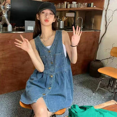 Sleeveless Strap Dress Women Summer Single-Breasted Pockets
