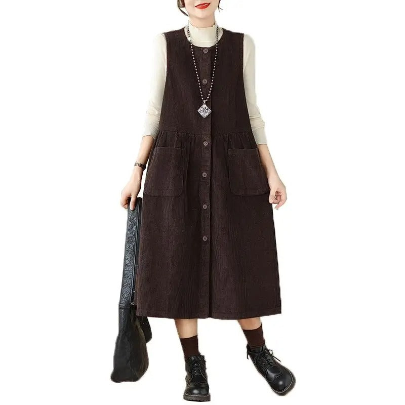 Retro Washed Corduroy Spring Autumn Vest Dress Women's Color