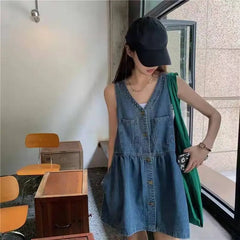 Sleeveless Strap Dress Women Summer Single-Breasted Pockets