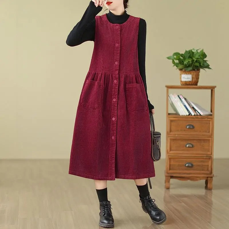 Retro Washed Corduroy Spring Autumn Vest Dress Women's Color