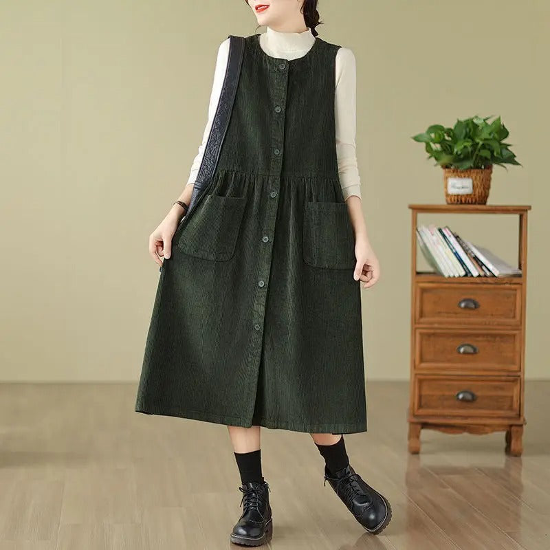 Retro Washed Corduroy Spring Autumn Vest Dress Women's Color