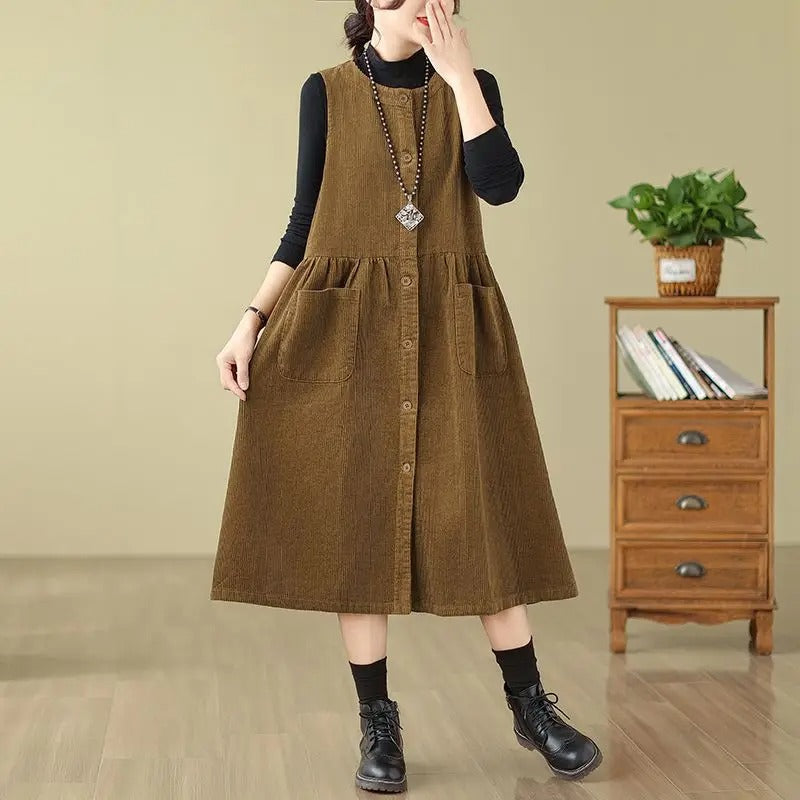 Retro Washed Corduroy Spring Autumn Vest Dress Women's Color